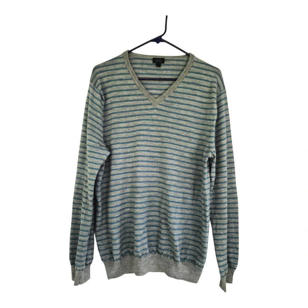 J.Crew 100% Merino Wool Sweater Large Blue Gray Stripe V Neck Lightweight